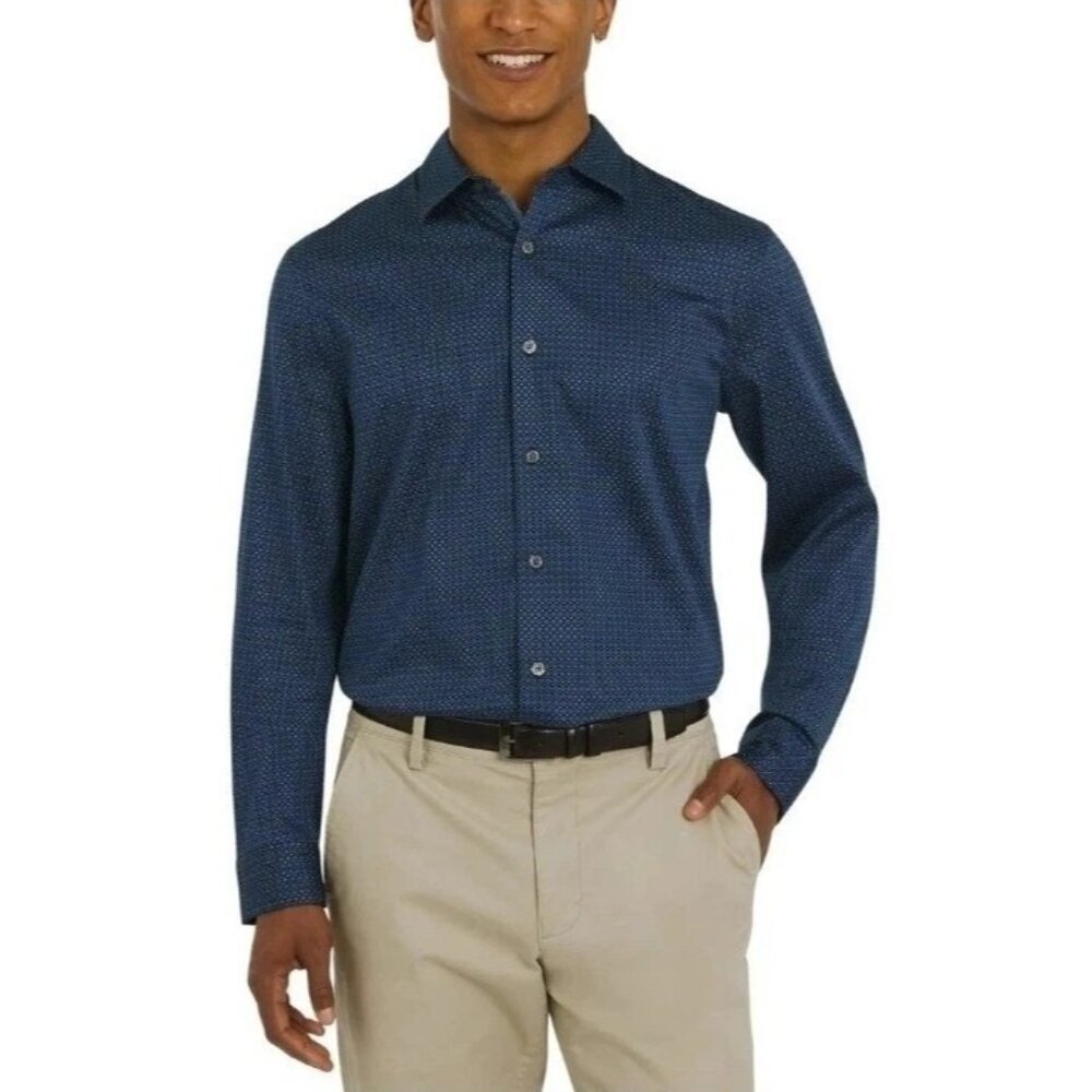 DKNY Men's M Regular Fit Stretch Button-Up Shirt Blue Geometric G1914